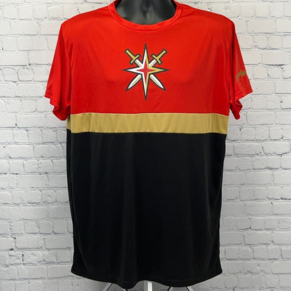 Men's red and black Golden Knights t-shirt with logo and gold stripe across the chest, front view