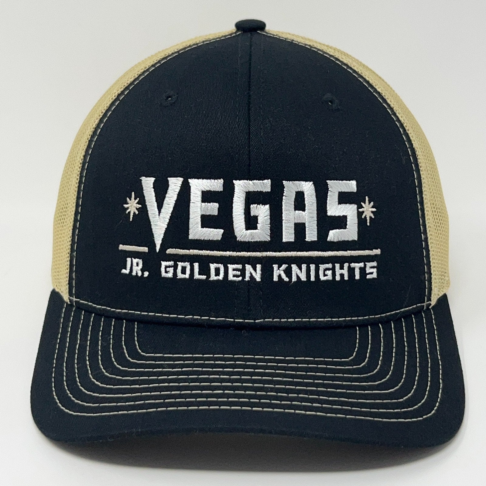 Black Richardson cap featuring white Vegas Jr Golden Knights logo on the front, adjustable size, view from the front.