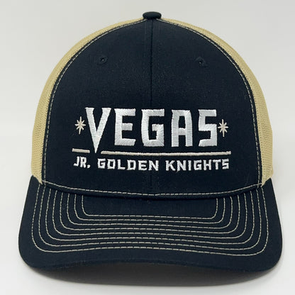 Black Richardson cap featuring white Vegas Jr Golden Knights logo on the front, adjustable size, view from the front.