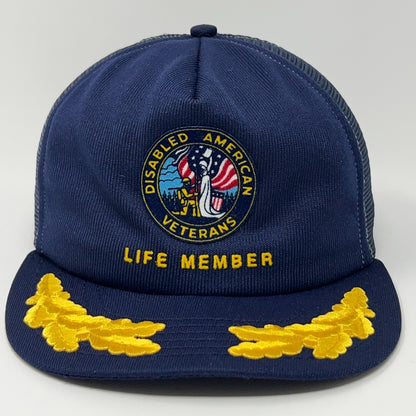 Navy blue cap with Disabled American Veterans logo, Life Member text, and yellow oak leaf embroidery.