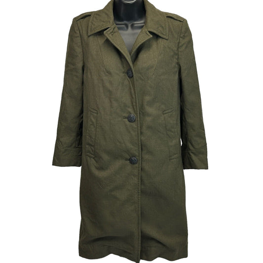 Vintage olive green Vietnam War jacket, size medium, front view with button closure and two side pockets