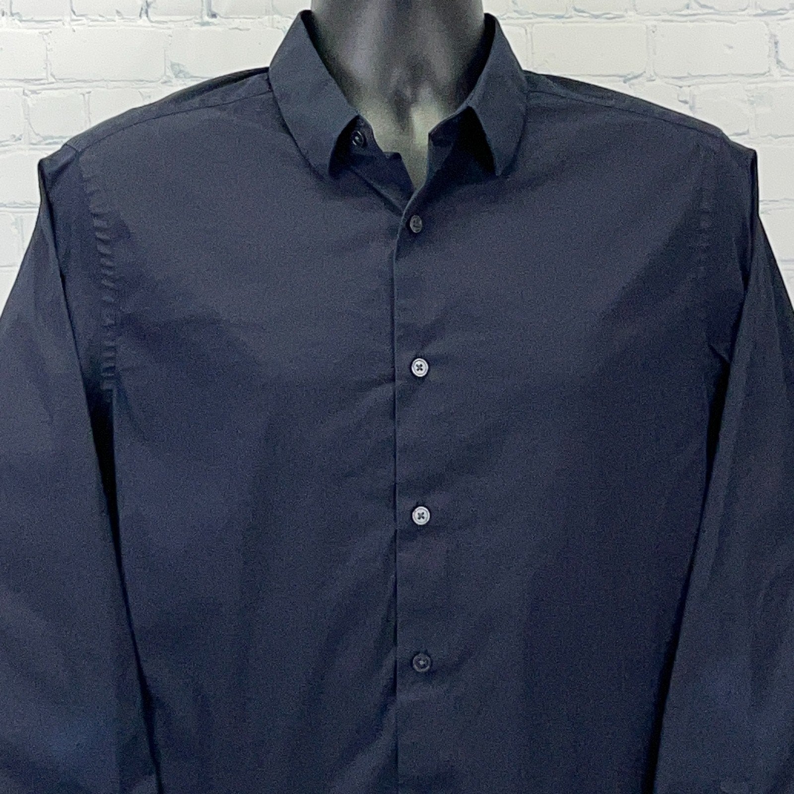 Vince dark navy long-sleeve button-up shirt with a classic collar and front button placket