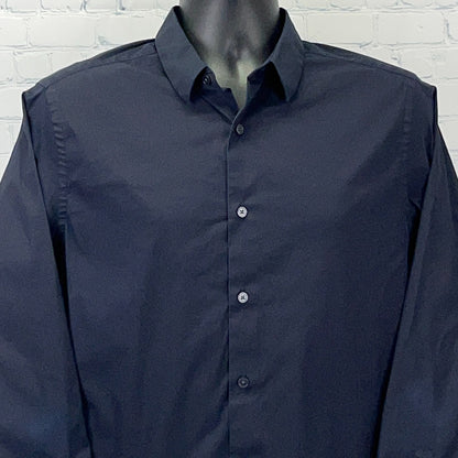 Vince dark navy long-sleeve button-up shirt with a classic collar and front button placket