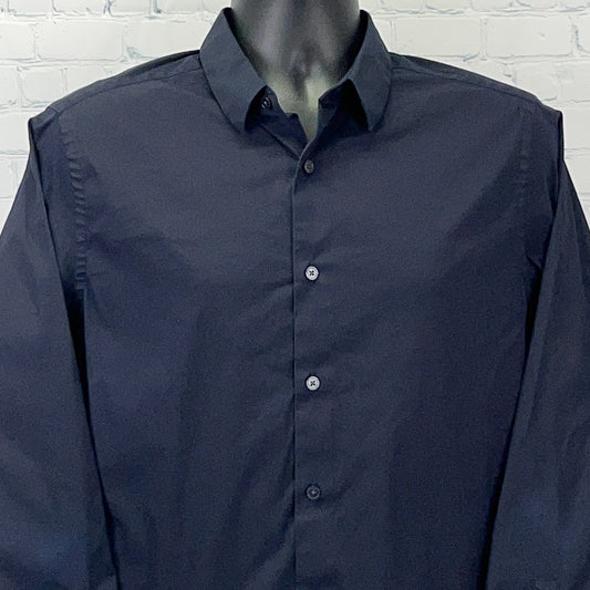 Vince dark navy long-sleeve button-up shirt with a classic collar and front button placket