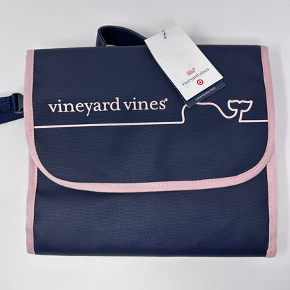 Navy Vineyard Vines Baby Changing Pad with Pink Accents and Logo, Front View