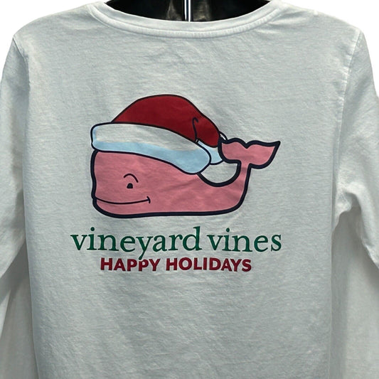 White Vineyard Vines T-Shirt displaying a festive whale graphic with a Santa hat and 'Happy Holidays' text