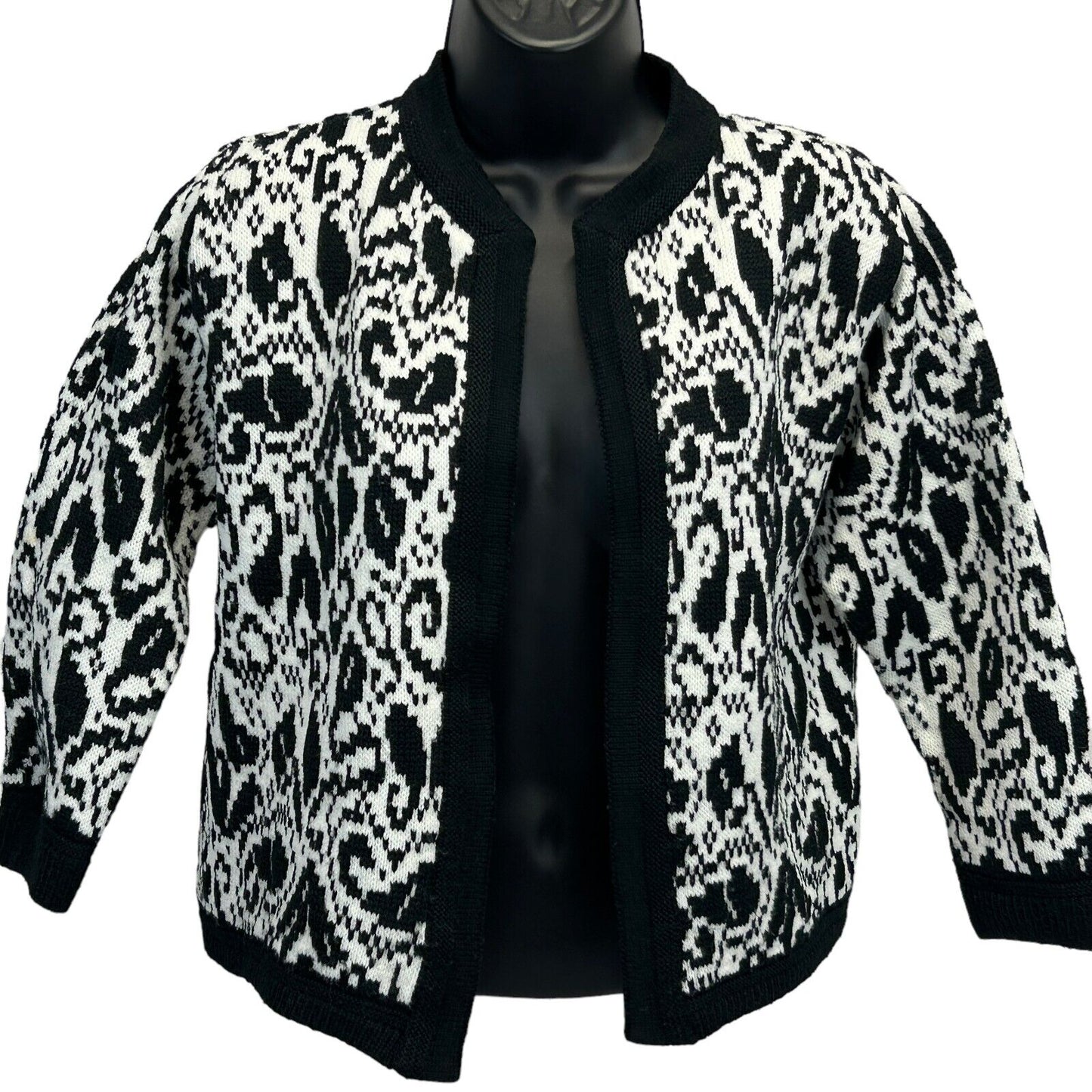 Lampl Vintage 60s Black and White Sweater Cardigan, front view with intricate knit pattern