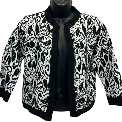 Lampl Vintage 60s Black and White Sweater Cardigan, front view with intricate knit pattern