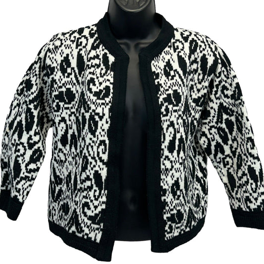 Lampl Vintage 60s Black and White Sweater Cardigan, front view with intricate knit pattern