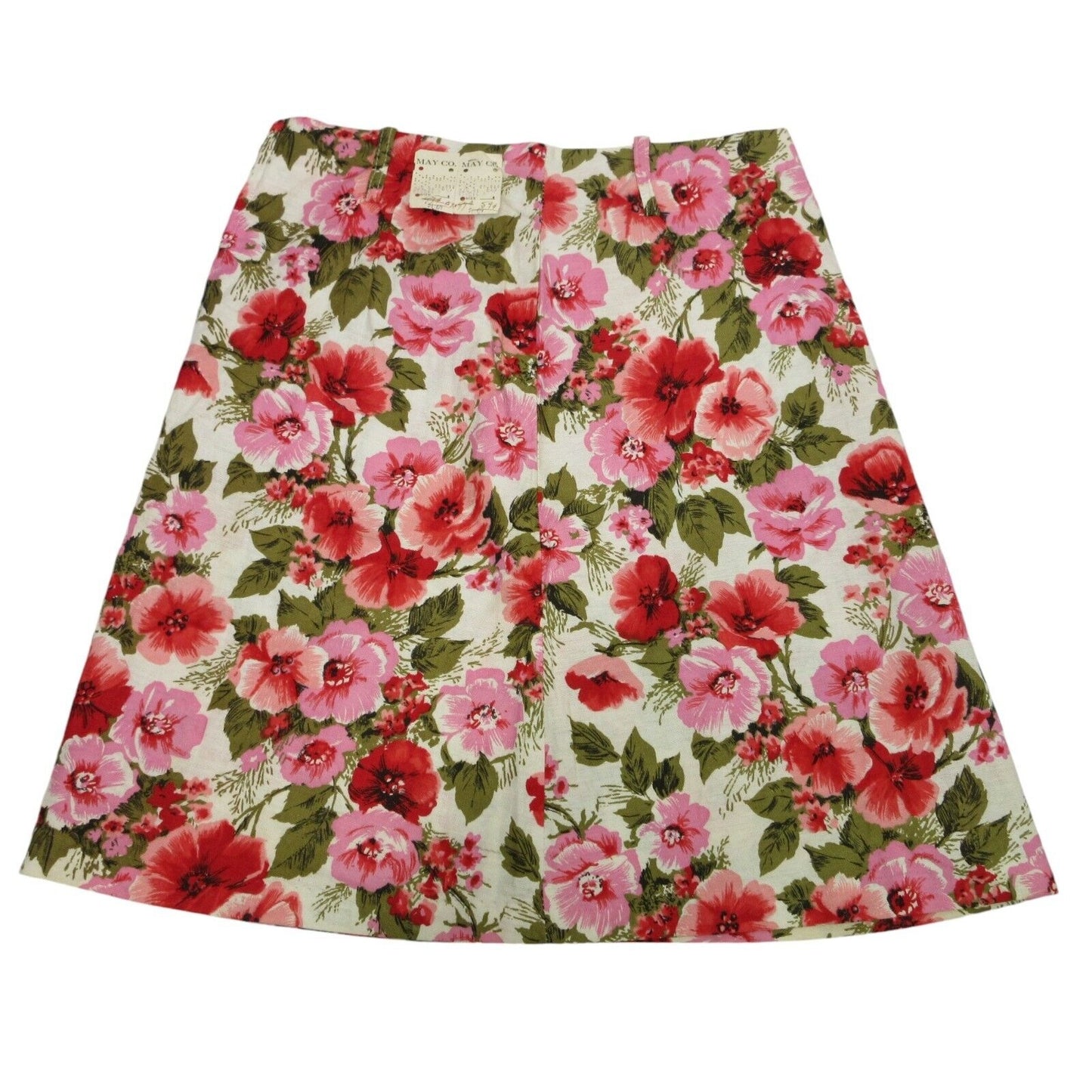 Vintage 60s Floral Print Skirt in Pink and Green, A-line Style, Front View, Size Medium