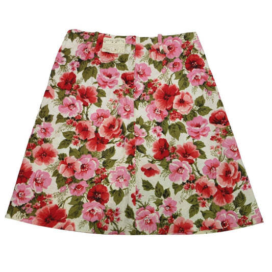 Vintage 60s Floral Print Skirt in Pink and Green, A-line Style, Front View, Size Medium