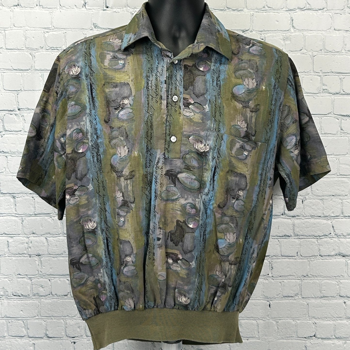 Front view of Vintage 70s Polo Shirt in earthy tones with a unique water lily pattern and ribbed hem