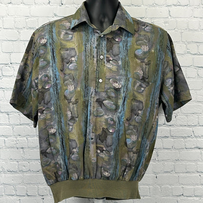 Front view of Vintage 70s Polo Shirt in earthy tones with a unique water lily pattern and ribbed hem
