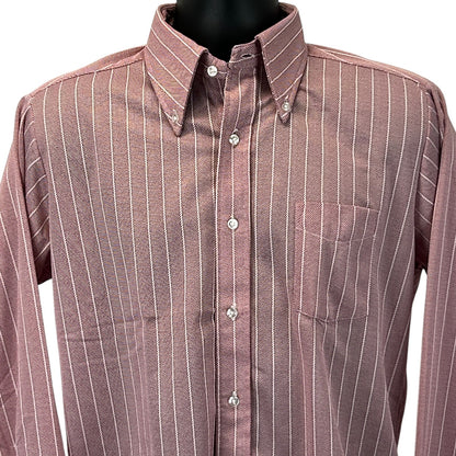 Front view of a Vintage 70s striped shirt in maroon with a classic collar and single chest pocket
