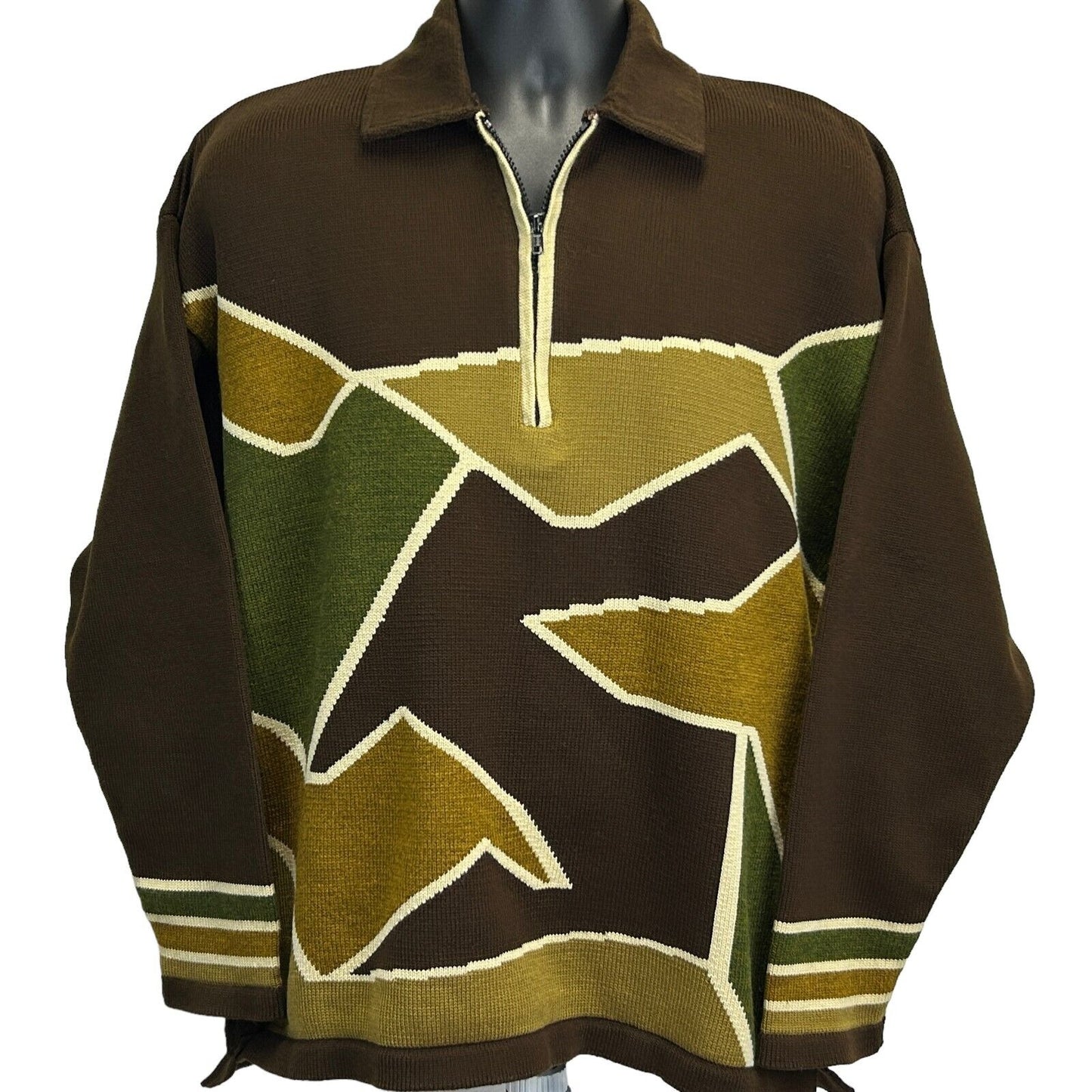 Vintage 80s brown sweater with unique geometric patterns and a half-zip front detail