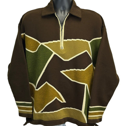 Vintage 80s brown sweater with unique geometric patterns and a half-zip front detail