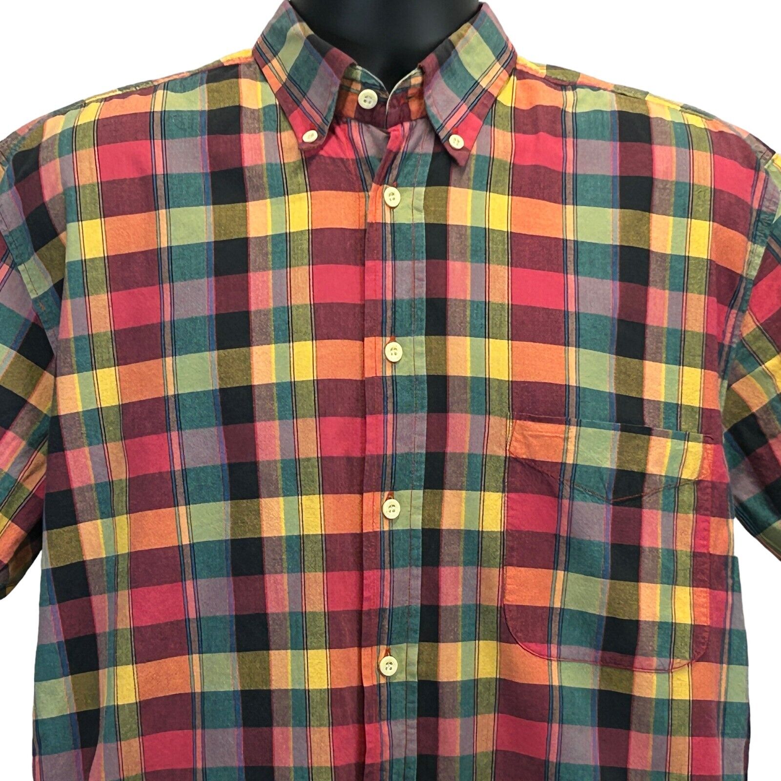 Lee Vintage 80s Short-Sleeve Button-Up Shirt in Multicolor Plaid Pattern, Front View with Pocket