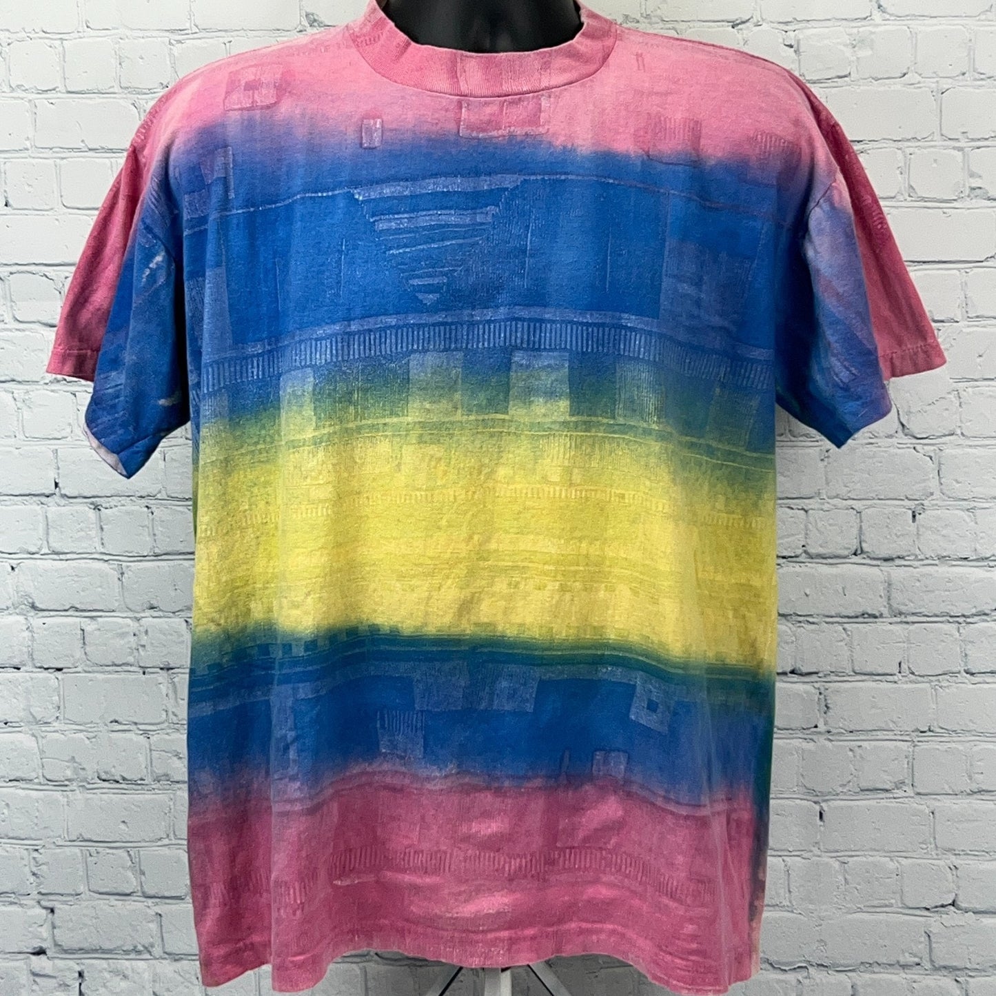 Vintage 90s Colorful Striped T-Shirt in Pink, Blue, and Yellow, Front View, Size Large
