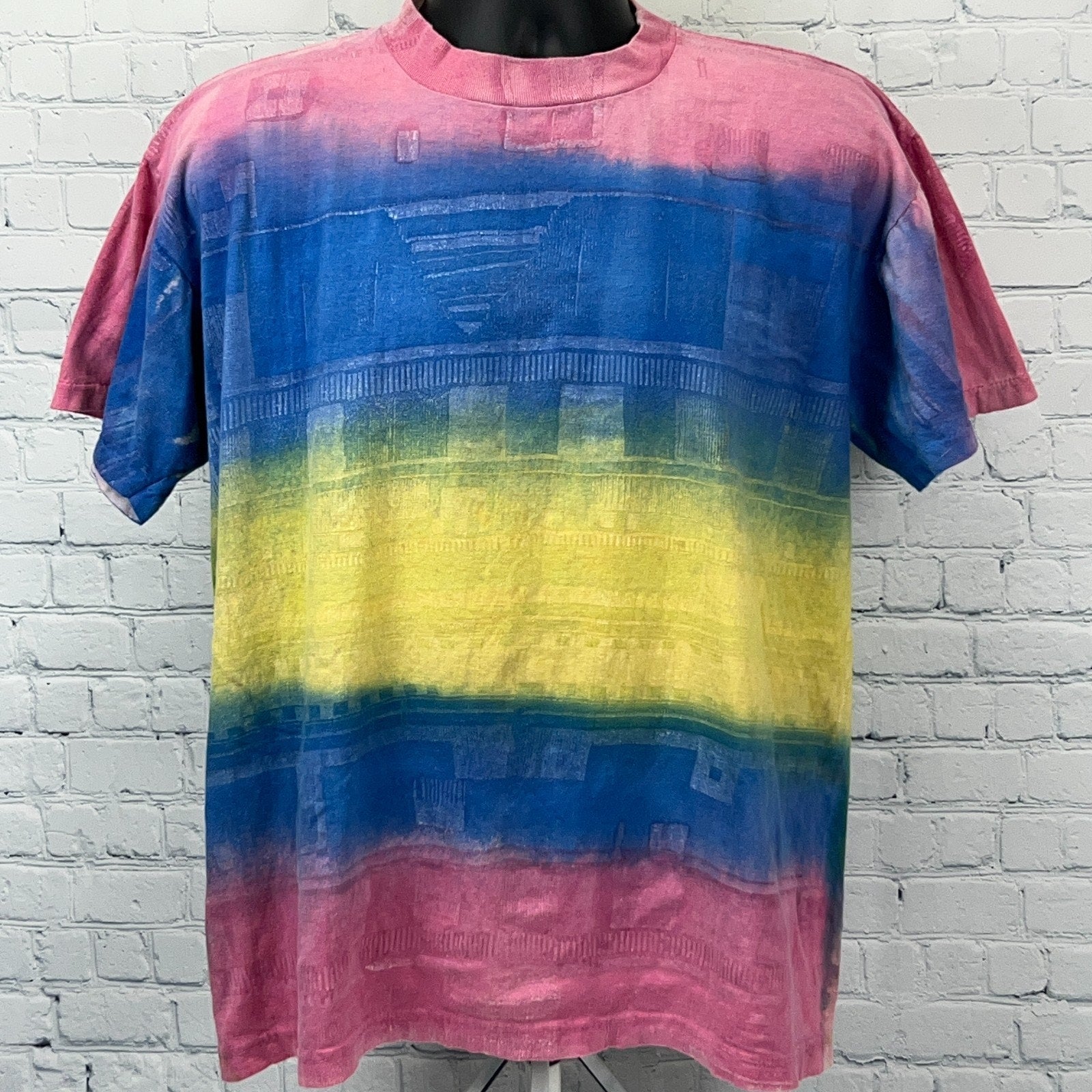 Vintage 90s Colorful Striped T-Shirt in Pink, Blue, and Yellow, Front View, Size Large
