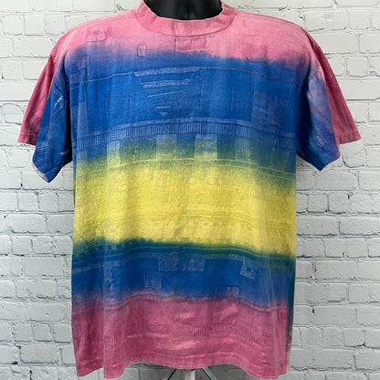 Vintage 90s Colorful Striped T-Shirt in Pink, Blue, and Yellow, Front View, Size Large