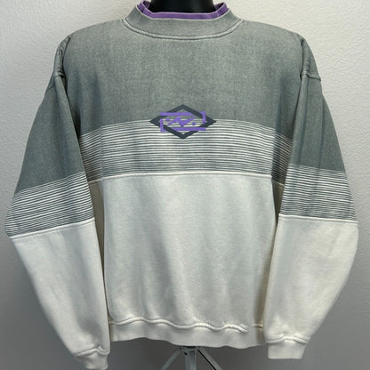 Vintage 90s oversized gray and white sweatshirt with purple logo detail on the front