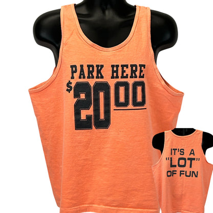 Fruit of the Loom Vintage 90s Tank Top in Coral with Park Here graphic on the front