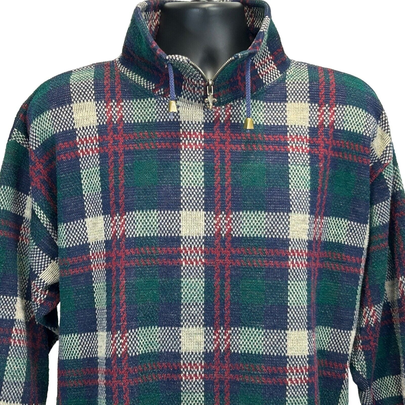 Vintage 90s green and blue plaid sweater with a zip neck, featuring a relaxed fit and unique texture