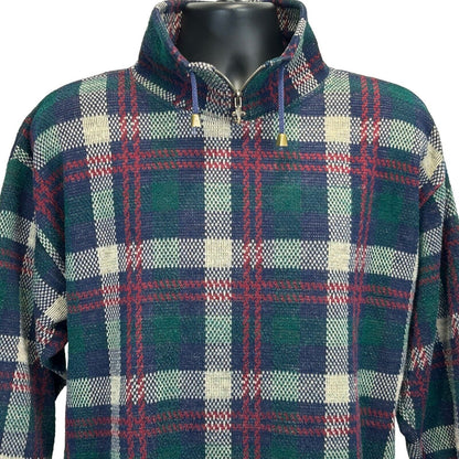 Vintage 90s green and blue plaid sweater with a zip neck, featuring a relaxed fit and unique texture