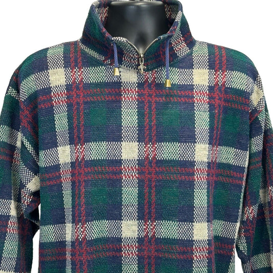 Vintage 90s green and blue plaid sweater with a zip neck, featuring a relaxed fit and unique texture