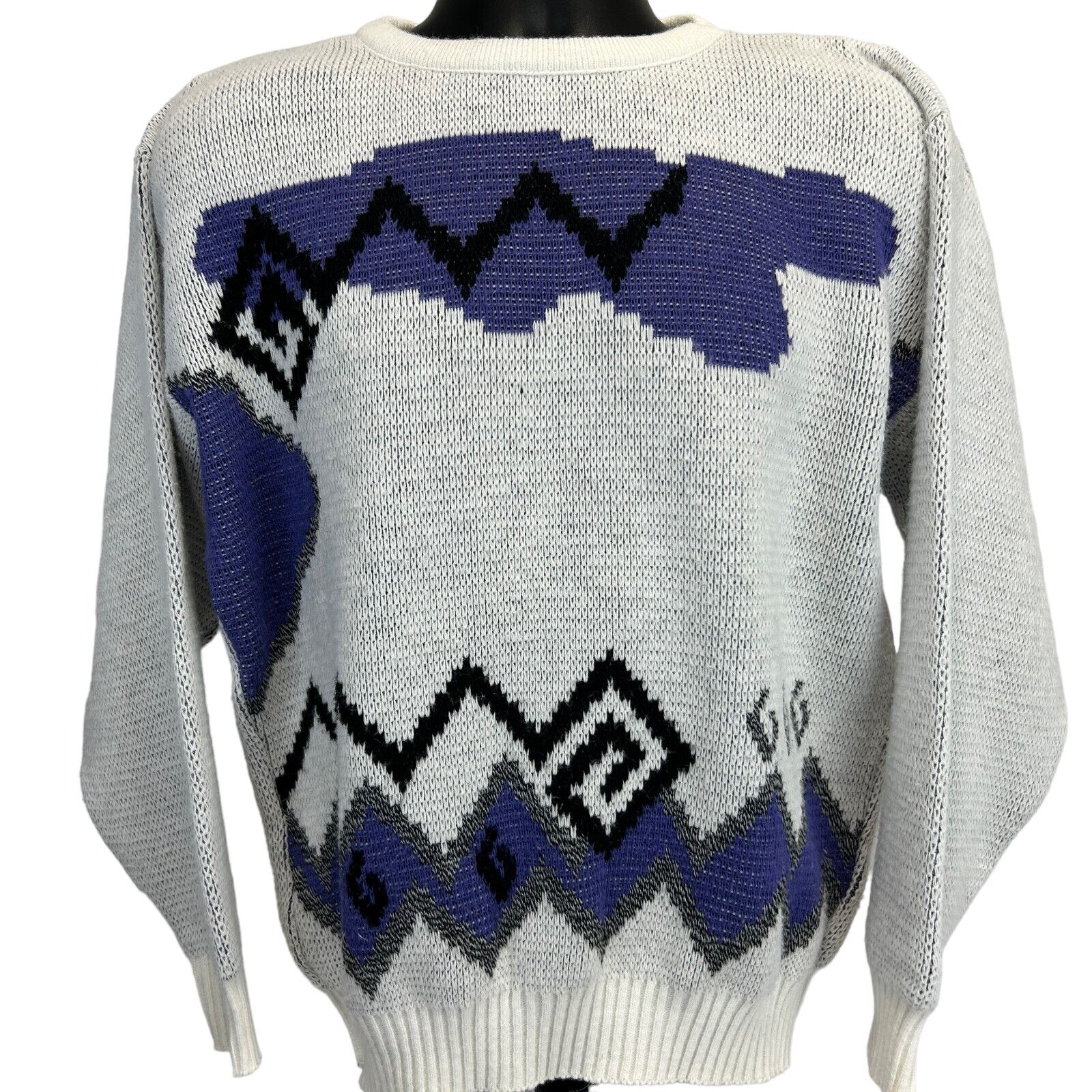 Hilton Vintage 90s Sweater in Gray with Purple Geometric Patterns, Front View