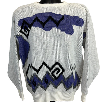 Hilton Vintage 90s Sweater in Gray with Purple Geometric Patterns, Front View