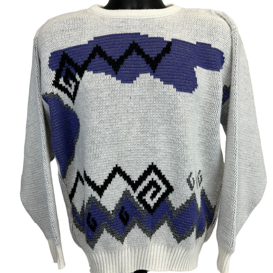 Hilton Vintage 90s Sweater in Gray with Purple Geometric Patterns, Front View