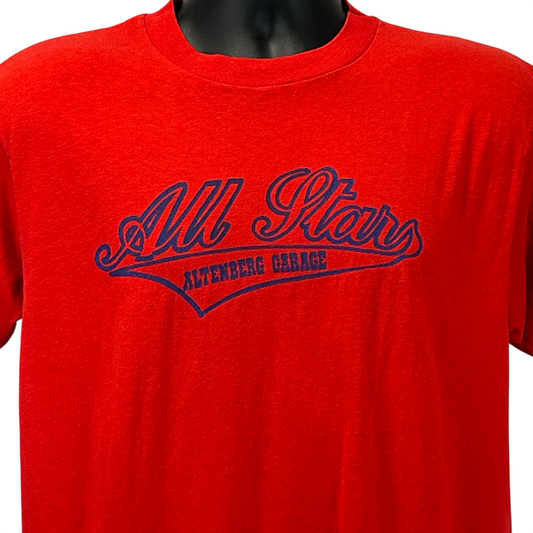 Red Hanes T-Shirt in front view featuring Altenberg Garage logo in navy blue