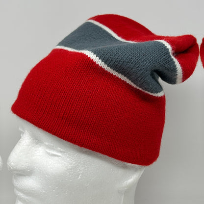 Front view of a red and gray Vintage Beanie with a slouchy design and contrasting stripes