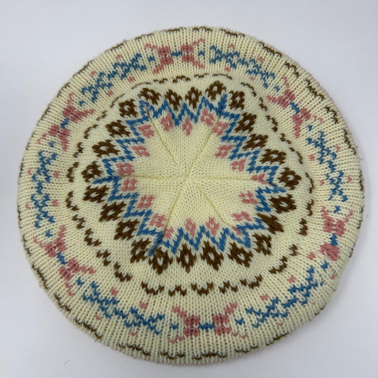 Vintage Cream Beret with Colorful Fair Isle Pattern and Knitted Details, Top View