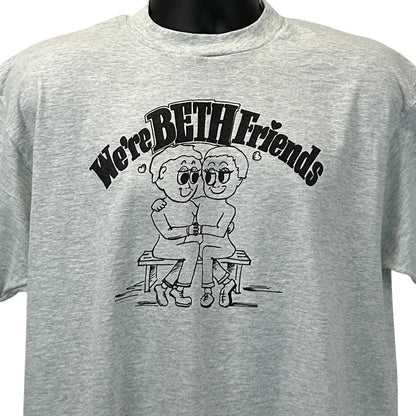 Gray Screen Stars T-Shirt featuring a playful graphic saying We're BETH Friends on the front