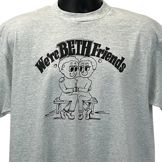 Gray Screen Stars T-Shirt featuring a playful graphic saying We're BETH Friends on the front