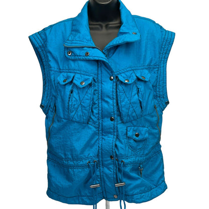 Vintage blue Lavòn vest with multiple front pockets and adjustable drawstring hem, size medium, front view