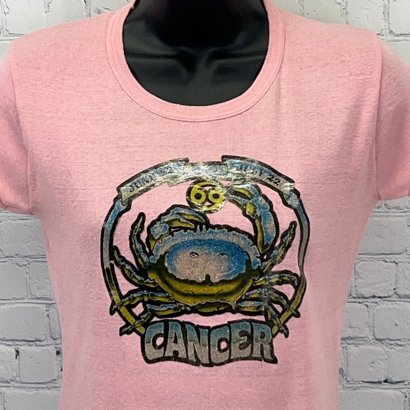 Pink Vintage Cancer Zodiac T-Shirt featuring a detailed crab graphic with the word Cancer