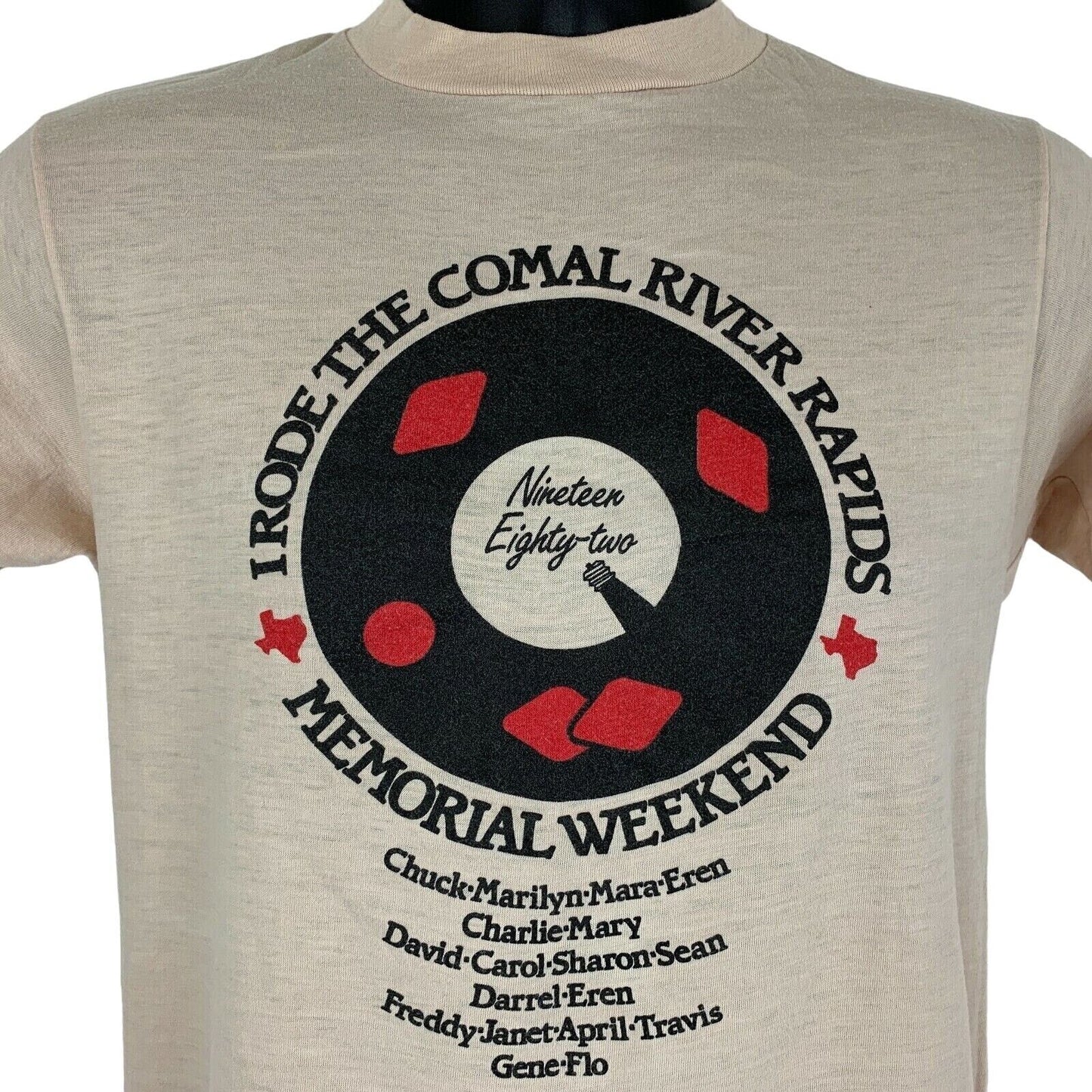 Hanes beige T-shirt featuring 'I Rode the Comal River Rapids' graphic on the front, size medium