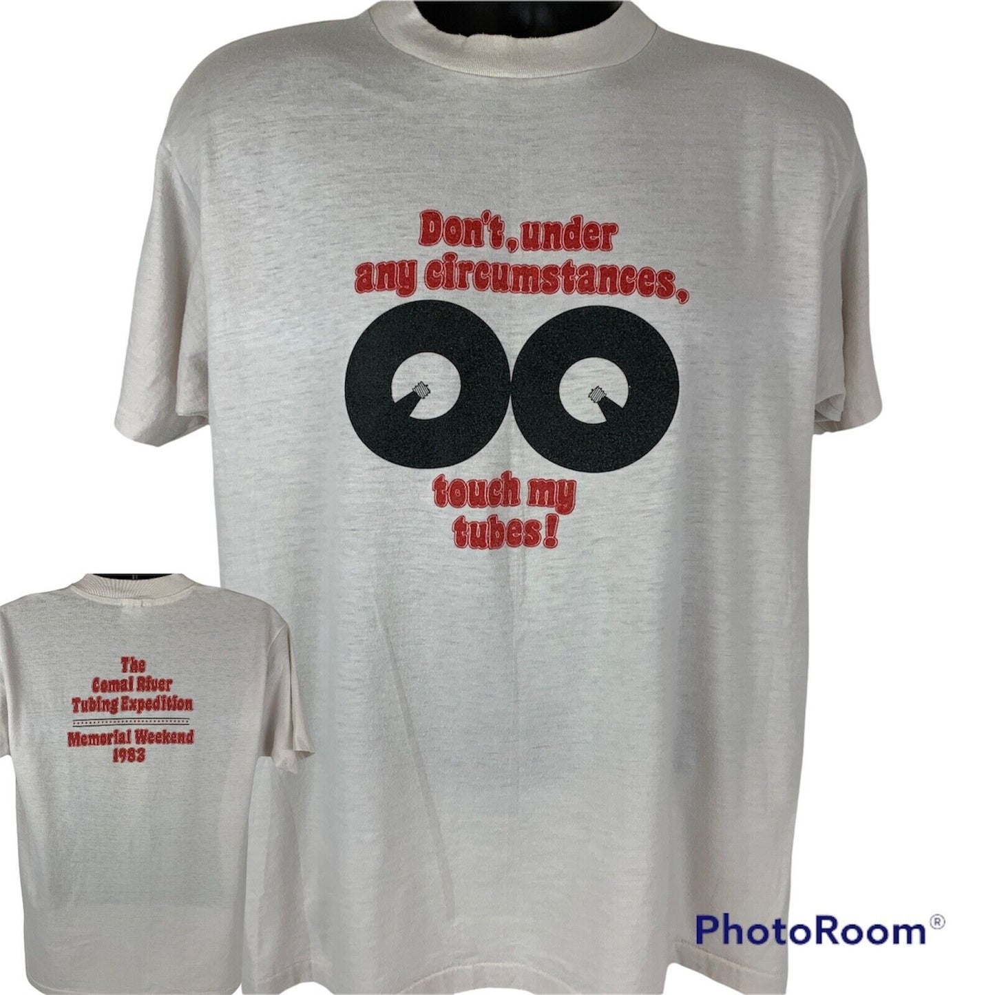Hanes Comal River T-shirt in cream with funny graphic and text, front and back view shown
