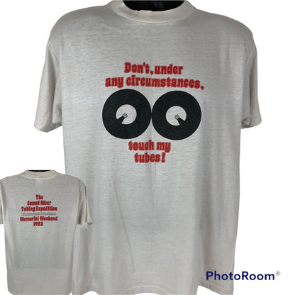 Hanes Comal River T-shirt in cream with funny graphic and text, front and back view shown