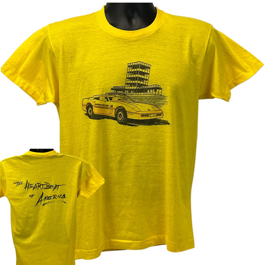 Yellow Screen Stars T-Shirt featuring a Corvette graphic on the front and 'The Heartbeat of America' on the back