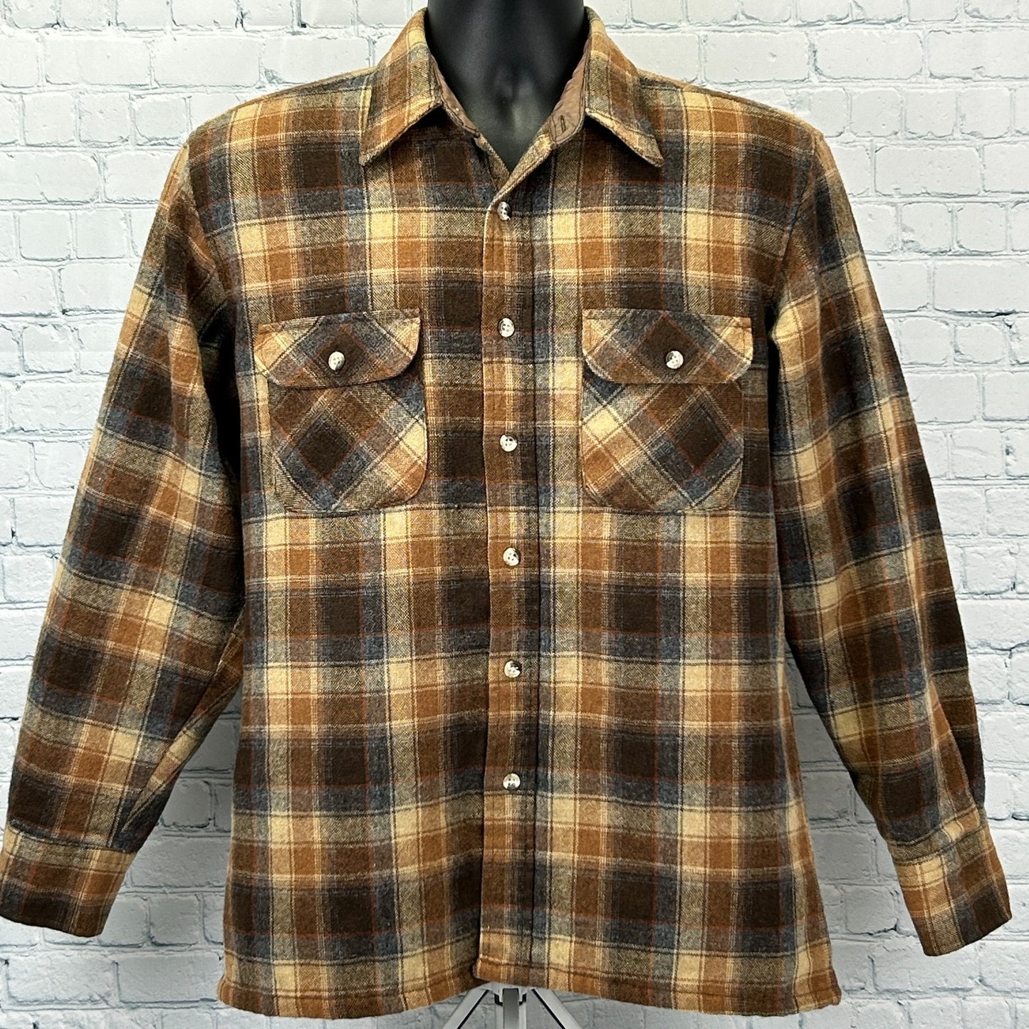 High Sierra Vintage Flannel Shirt in brown and gold plaid, front view with button-down and chest pockets