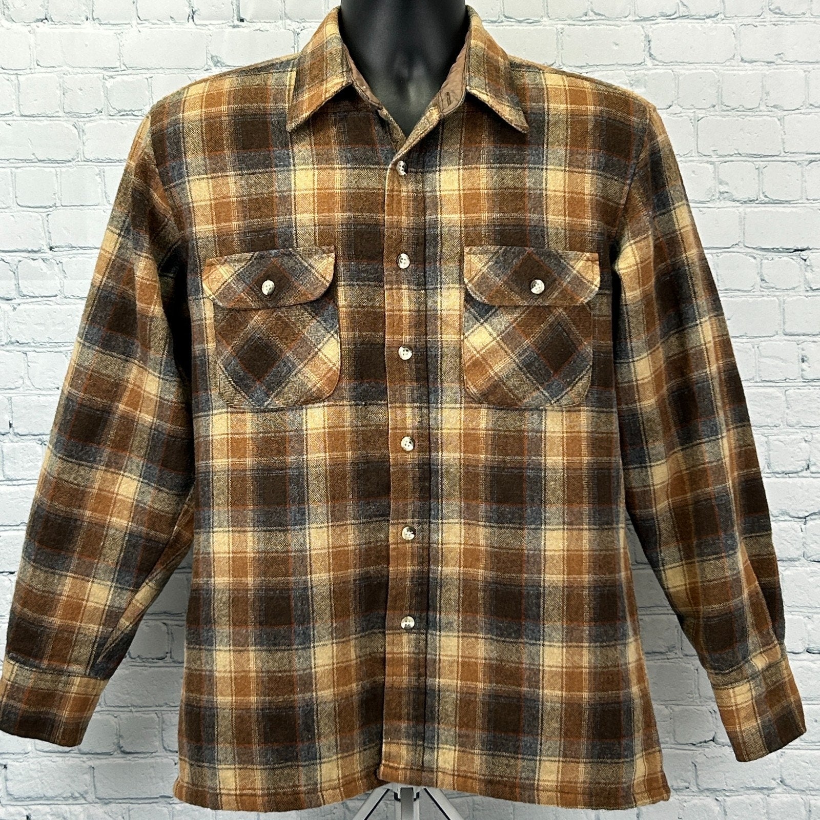 High Sierra Vintage Flannel Shirt in brown and gold plaid, front view with button-down and chest pockets