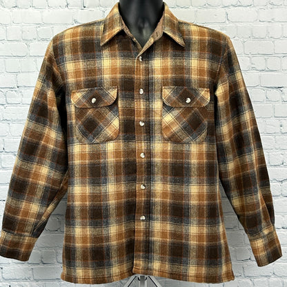 High Sierra Vintage Flannel Shirt in brown and gold plaid, front view with button-down and chest pockets