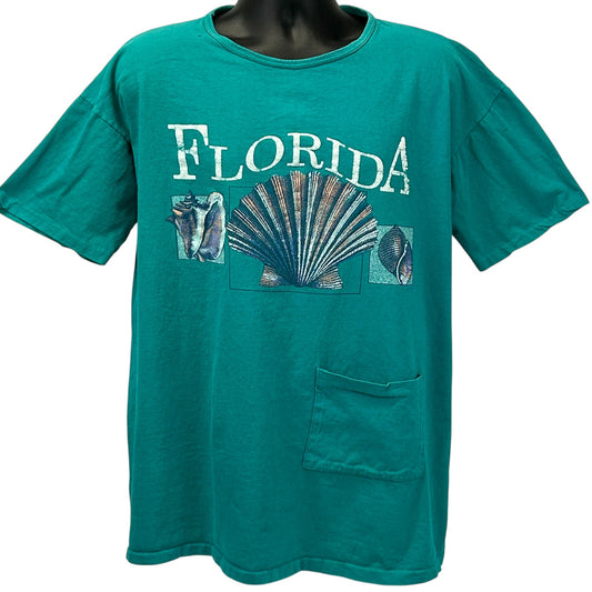 Vintage teal Florida T-Shirt with front graphic and pocket, featuring seashell designs