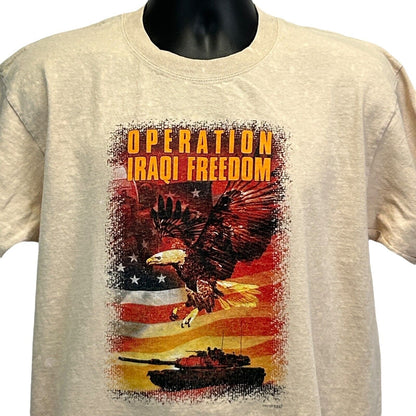 Anvil T-Shirt in beige with front print of eagle and tank, featuring 'Operation Iraqi Freedom' text