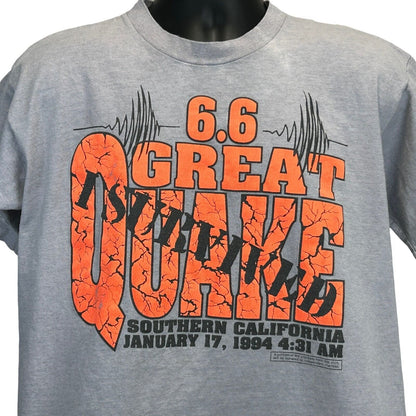 Gray Vintage T-Shirt featuring 6.6 Great Quake Southern California graphic, front view with large orange letters