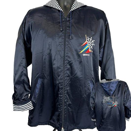 Vintage black jacket, front view, features Greece logo and nautical design, with striped hood and pockets